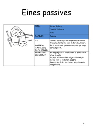 6
Eines passives
NOM: Cargol de banc
Tornillo de banco
Vise
FAMÍLIA: Passiva
US: Serveix per subjectar les peces que hem de
treballar, tant si les hem de foradar, llimar...
MATERIAL
AMB EL QUE
ES FA SERVIR:
Es fa servir amb qualsevol material que pugui
ser subjectat.
NORMES DE
SEGURETAT:
No es pot picar la palanca amb el martell o un
altre objecte.
La peça ha d’estar ben subjecta. No es pot
moure quan hi treballem a sobre.
Les estries de les mordasses no poden estar
desgastades.
 