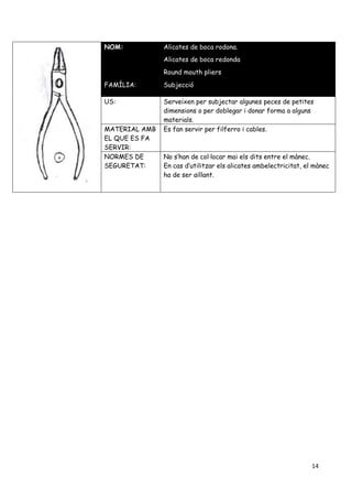 14
NOM: Alicates de boca rodona.
Alicates de boca redonda
Round mouth pliers
FAMÍLIA: Subjecció
US: Serveixen per subjectar algunes peces de petites
dimensions o per doblegar i donar forma a alguns
materials.
MATERIAL AMB
EL QUE ES FA
SERVIR:
Es fan servir per filferro i cables.
NORMES DE
SEGURETAT:
No s’han de col·locar mai els dits entre el mànec.
En cas d’utilitzar els alicates ambelectricitat, el mànec
ha de ser aïllant.
 