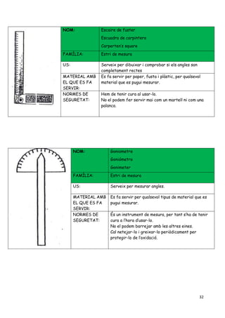 32
NOM: Escaire de fuster
Escuadra de carpintero
Carperten’s square
FAMÍLIA: Estri de mesura
US: Serveix per dibuixar i comprobar si els angles son
completament rectes
MATERIAL AMB
EL QUE ES FA
SERVIR:
Es fa servir per paper, fusta i plàstic, per qualsevol
material que es pugui mesurar.
NORMES DE
SEGURETAT:
Hem de tenir cura al usar-lo.
No el podem fer servir mai com un martell ni com una
palanca.
NOM: Goniometre
Goniómetro
Gonimeter
FAMÍLIA: Estri de mesura
US: Serveix per mesurar angles.
MATERIAL AMB
EL QUE ES FA
SERVIR:
Es fa servir per qualsevol tipus de material que es
pugui mesurar.
NORMES DE
SEGURETAT:
És un instrument de mesura, per tant s’ha de tenir
cura a l’hora d’usar-lo.
No el podem barrejar amb les altres eines.
Cal netejar-lo i greixar-lo periòdicament per
protegir-lo de l’oxidació.
 