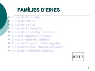 FAMÍLIES D’EINES Eines de Percusió . Eines de Tall 1. Eines de Tall 2. Eines de Perforació. Eines de Subjectar o Retenir. Eines d´Abrasió o Fricció. Eines d´Adherir i Soldar. Eines de Cargolar i Descargolar. Eines de Traçar, Marcar i Mesurar. Eines de Protecció i Neteja. SORTIR 