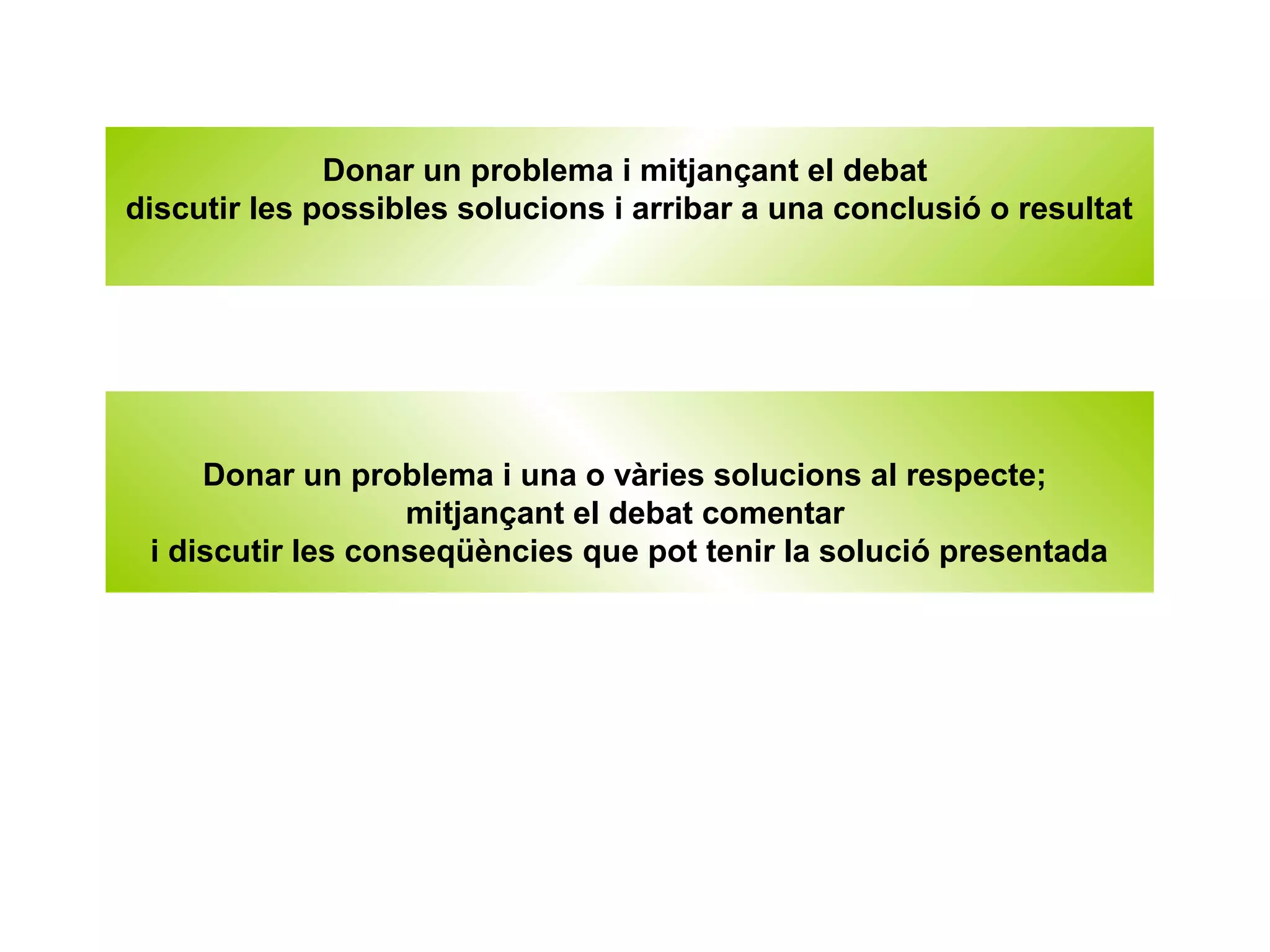 Donar un problema i mitjançant el debat
discutir les possibles solucions i arribar a una conclusió o resultat




     Donar un problema i una o vàries solucions al respecte;
                   mitjançant el debat comentar
 i discutir les conseqüències que pot tenir la solució presentada
 
