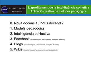 0. Nova docència / nous docents?
1. Models pedagògics
2. Intel·ligència col·lectiva
3. Facebook(característiques, funcionament, exemples docents)
4. Blogs (característiques, funcionament, exemples docents)
5. Wikis (característiques, funcionament, exemples docents)
 