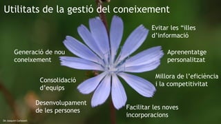12
De Joaquim CarbonellDe Joaquim Carbonell
Utilitats de la gestió del coneixement
Generació de nou
coneixement
Millora de l’eficiència
i la competitivitat
Consolidació
d’equips
Desenvolupament
de les persones
Aprenentatge
personalitzat
Evitar les “illes
d’informació
Facilitar les noves
incorporacions
 