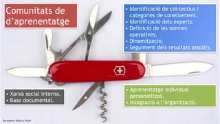 18
De Andrew Toskin a Flickr
Comunitats de
d’aprenentatge
• Aprenentatge individual
personalitzat.
• Integració a l’organització.
• Identificació de col·lectius i
categories de coneixement.
• Identificació dels experts.
• Definició de les normes
operatives.
• Dinamització.
• Seguiment dels resultats assolits.
• Xarxa social interna.
• Base documental.
 