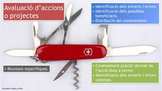 19
De Andrew Toskin a Flickr
Avaluació d’accions
o projectes
• Coneixement pràctic derivat de
l’acció duta a terme.
• Identificació dels encerts i errors
comesos.
• Identificació dels encerts i errors.
• Identificació dels possibles
beneficiaris.
• Distribució del coneixement.
• Reunions específiques.
 