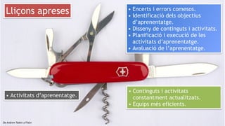 20
De Andrew Toskin a Flickr
Lliçons apreses
• Continguts i activitats
constantment actualitzats.
• Equips més eficients.
• Encerts i errors comesos.
• Identificació dels objectius
d’aprenentatge.
• Disseny de continguts i activitats.
• Planificació i execució de les
activitats d’aprenentatge.
• Avaluació de l’aprenentatge.
• Activitats d’aprenentatge.
 