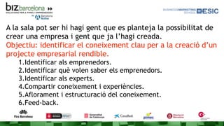 A la sala pot ser hi hagi gent que es planteja la possibilitat de
crear una empresa i gent que ja l’hagi creada.
Objectiu: identificar el coneixement clau per a la creació d’un
projecte empresarial rendible.
1.Identificar als emprenedors.
2.Identificar què volen saber els emprenedors.
3.Identificar als experts.
4.Compartir coneixement i experiències.
5.Aflorament i estructuració del coneixement.
6.Feed-back.
 