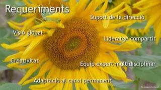 7De Joaquim Carbonell
Visió global
Creativitat
Adaptació al canvi permanent
Equip expert multidisciplinar
Lideratge compartit
Suport de la direcció
Requeriments
 