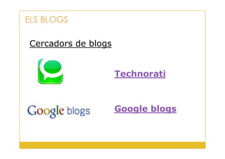 Cercadors de blogs
ELS BLOGS
Technorati
21
Google blogs
 