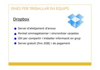 Dropbox
Servei d’allotjament d’arxius
Permet emmagatzemar i sincronitzar carpetes
EINES PER TREBALLAR EN EQUIPS
27
Útil per compartir i treballar informació en grup
Servei gratuït (fins 2GB) i de pagament
 