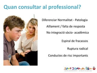 Quan consultar al professional?
Espiral de fracassos
Ruptura radical
Conductes de risc importants
Diferenciar Normalitat - Patologia
Aïllament / falta de resposta
No integració sòcio- acadèmica
 