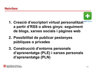 Netvibes

1. Creació d’escriptori virtual personalitzat
a partir d’RSS o altres ginys: seguiment
de blogs, xarxes socials i pàgines web
2. Possibilitat de publicar pestanyes
públiques o privades
3. Construcció d’entorns personals
d’aprenentatge (PLE) i xarxes personals
d’aprenentatge (PLN)
25

 
