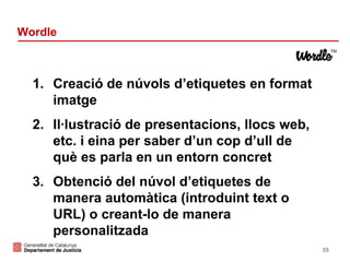 Wordle

1. Creació de núvols d’etiquetes en format
imatge
2. Il·lustració de presentacions, llocs web,
etc. i eina per saber d’un cop d’ull de
què es parla en un entorn concret
3. Obtenció del núvol d’etiquetes de
manera automàtica (introduint text o
URL) o creant-lo de manera
personalitzada
55

 