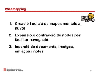Wisemapping

1. Creació i edició de mapes mentals al
núvol
2. Expansió o contracció de nodes per
facilitar navegació
3. Inserció de documents, imatges,
enllaços i notes

57

 