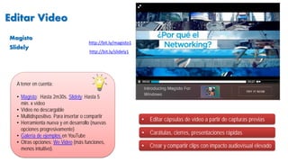 • Carátulas, cierres, presentaciones rápidas
A tener en cuenta:
• Magisto: Hasta 2m30s. Slidely: Hasta 5
min. x vídeo
• Vídeo no descargable
• Multidispositivo. Para insertar o compartir
• Herramienta nueva y en desarrollo (nuevas
opciones progresivamente)
• Galería de ejemplos en YouTube
• Otras opciones: We Video (más funciones,
menos intuitivo).
• Editar cápsulas de vídeo a partir de capturas previas
Editar Video
• Crear y compartir clips con impacto audiovisual elevado
http://bit.ly/magisto1
Magisto
Slidely
http://bit.ly/slidely1
 
