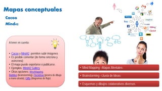 Mapas conceptuales
• Mind Mapping –Mapas Mentales-
A tener en cuenta:
• Cacoo y Mind42 permiten subir imágenes
• Es posible comentar (de forma síncrona y
asíncrona)
• El mapa puede exportarse o publicarse.
• Ejemplos: Mind42 Gallery
• Otras opciones: WiseMapping,
Bubblus (brainstorming), Flockdraw (pizarra de dibujo
a mano alzada), Gliffy (diagramas de flujo)
• Brainstorming –Lluvia de Ideas-
• Esquemas y dibujos colaborativos diversos
Cacoo
Mind42
 