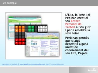Un exemple
L’Èlia, la Tere i el
Pep han creat el
seu Entorn
Personal de
Treball al seu gust
i per a resoldre la
seva feina.
Però han permès
que si algú
necessita alguna
unitat de
coneixement del
seu EPT, l’agafi.
Impressions en pantalla de www.Igoogle.es, www.symbaloo.com, http://www.symbaloo.com
 