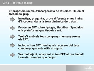 Dels ETP al treball en grup
Et proposem un pla d’incorporació de les eines TIC en el
treball en grup
Troba’t amb els teus companys i ensenyeu-vos
els EPT.
Investiga, pregunta, prova diferents eines i mira
d’incoporar-les a la teva dinàmica de treball.
Fes-te un EPT sobre Igoogle, Netvibes, Symbaloo
o la plataforma que tinguis a mà.
Inclou al teu EPT l’enllaç als recursos del teus
companys que més útils et siguin.
Vés moldejant, adaptant el teu EPT al teu treball
i canvia’l sempre que calgui.
 
