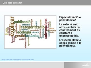 Què està passant?
Especialització o
polivalència?
La relació amb
altres àmbits de
coneixement és
constant i
imprescindible.
L’especialització
obliga també a la
polivalència.
Núvol d’etiquetes fet amb http://www.wordle.net/
 