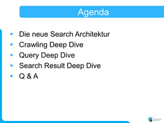 Agenda

   Die neue Search Architektur
   Crawling Deep Dive
   Query Deep Dive
   Search Result Deep Dive
   Q&A
 