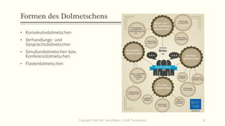 Formen des Dolmetschens
• Konsekutivdolmetschen
• Verhandlungs- und
Gesprächsdolmetschen
• Simultandolmetschen bzw.
Konferenzdolmetschen
• Flüsterdolmetschen
Copyright: Dipl.-Hdl. Ilona Riesen | IloRi Translations 8
 