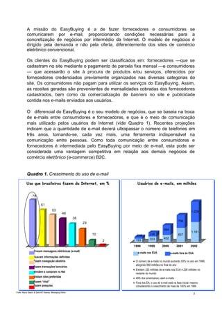 A missão do EasyBuying é a de fazer fornecedores e consumidores se
comunicarem por e-mail, proporcionando condições necessárias para a
concretização de negócios por intermédio da Internet. O modelo de negócios é
dirigido pela demanda e não pela oferta, diferentemente dos sites de comércio
eletrônico convencional.
Os clientes do EasyBuying podem ser classificados em: fornecedores —que se
cadastram no site mediante o pagamento de parcela fixa mensal —e consumidores
— que acessarão o site à procura de produtos e/ou serviços, oferecidos por
fornecedores credenciados previamente organizados nas diversas categorias do
site. Os consumidores não pagam para utilizar os serviços do EasyBuying. Assim,
as receitas geradas são provenientes de mensalidades cobradas dos fornecedores
cadastrados, bem como da comercialização de banners no site e publicidade
contida nos e-mails enviados aos usuários.
O diferencial do EasyBuying é o seu modelo de negócios, que se baseia na troca
de e-mails entre consumidores e fornecedores, e que é o meio de comunicação
mais utilizado pelos usuários de lnternet (vide Quadro 1). Recentes projeções
indicam que a quantidade de e-mail deverá ultrapassar o número de telefones em
três anos, tornando-se, cada vez mais, uma ferramenta indispensável na
comunicação entre pessoas. Como toda comunicação entre consumidores e
fornecedores é intermediada pelo EasyBuying por meio de e-mail, esta pode ser
considerada uma vantagem competitiva em relação aos demais negócios de
comércio eletrônico (e-commerce) B2C.
Quadro 1. Crescimento do uso de e-mail
5
78
61
53
46
38
29
10
2
Fazem pesquisa
Buscam informações definidas
Trocam mensagens eletrônicas (e-mail)
Fazem navegação aleatória
Fazem transações bancárias
Visitam sites preferidas
Fazem “chat”
Vendem e compram na Net
193
118
333
236
432
564
837
756
1.181
1.209
1998 1999 2000 2001 2002
Usuários de e-mails, em milhões
e-mails nos EUA e-mails fora do EUA
• O número de e-mails no mundo aumento 83% no ano em 1999,
atingindo 569 milhões no final do ano
• Existem 333 milhões de e-mails nos EUA e 236 milhões no
restante do mundo
• 40% dos americanos usam e-mails
• Fora dos EA, o uso de e-mail está na fase inicial, mesmo
considerando o crescimento de mais de 100% em 1999
Fonte: Nazca Saatch & Satch/AT Keaney, Messaging Online.
Uso que brasileiros fazem da Internet, em %
 