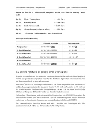 Einfach lernen! Finanzierung – Aufgabenbuch                 Antworten Kapitel 3: Jahreabslchlussanalyse


                          9.1 Lösung Fallstudie 5: Vergleich von Liquidität 3. Grades und
                          Working Capital

                          Ein Damenbekleidungshaus hat ein Umlaufvermögen von 63.000 Euro und kurzfristige
                          Verbindlichkeiten in Höhe von 36.000 Euro.

                          Berechnen Sie die Auswirkungen der folgenden Geschäftsfälle auf die Liquidität dritten Grades und
                          auf das Working Capital, wenn Sie annehmen, dass die Geschäftsvorfälle/Buchungen voneinander
                          unabhängig sind. Fassen Sie die Buchungsergebnisse nicht zusammen. Gehen Sie bei jedem
                          Geschäftsvorfall von der Ausgangslage aus.
                              1) Bundesschatzanleihe/-Brief von 2000 Euro wird zum Buchwert verkauft.
                              2) Die Schaufenster werden für 16.000 Euro renoviert/erneuert.
                              3) Es wurde eine Grundschuld von 40.000 Euro auf das Grundstück aufgenommen.
                              4) Die Abschreibung auf das Anlagevermögen wird um 5.000 Euro erhöht.
                              5) Eine Verbindlichkeit gegenüber dem Lieferanten in Höhe von 14.000 Euro wird durch
                                 Banküberweisung beglichen.
Please click the advert




                               www.job.oticon.dk




                                                                           62
 