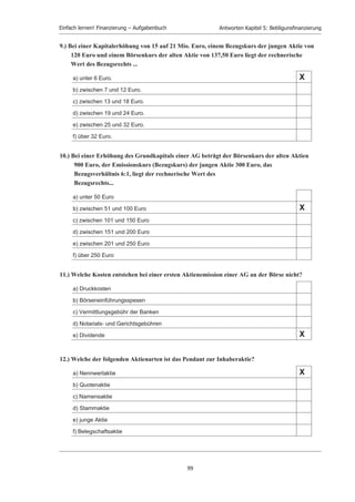 Einfach lernen! Finanzierung – Aufgabenbuch                   Antworten Kapitel 5: Betiligunsﬁnanzierung


2.) Bei welchem der nachfolgenden Unternehmen ist das Eigenkapital praktisch unkündbar?

     a) Kommanditgesellschaft

     b) offene Handelsgesellschaft

     c) Aktiengesellschaft                                                                    X
     d) Genossenschaft

     e) Gesellschaft mit beschränkter Haftung



3.) Welches Merkmal ist nicht typisch für das Eigenkapital?

     a) Beteiligung an einem Unternehmen

     b) Kapital, das dem Unternehmen häufig unbegrenzte Zeit zur Verfügung steht

     c) Mitbestimmung des Kapitalgebers

     d) Zinszahlungen auf das Kapital auch bei Verlust                                        X
     e) Haftungskapital (Garantiekapital)



4.) Welche der folgenden Positionen gehört nicht zum Eigenkapital einer
    Kapitalgesellschaft?

     a) Rückstellungen                                                                        X
     b) Grundkapital der AG

     c) Stammkapital einer GmbH

     d) Rücklagen

     e) Gewinnvortrag




5.) Das Grundkapital einer AG beträgt mindestens …

     a) 10 000 Euro.

     b) 20 000 Euro.

     c) 25 000 Euro.

     d) 50 000 Euro.                                                                          X
     e) 100 000 Euro.



6.) Das Stammkapital einer GmbH beträgt mindestens …

     a) 10 000 Euro.

     b) 20 000 Euro.

     c) 25 000 Euro.                                                                          X


                                                  97
 