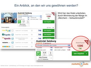 Ein Anblick, an den wir uns gewöhnen werden?
Wird hier das Hotel unterboten,
durch Minimierung der Marge im
„Merchant – Verkaufsmodell?“

Gabriele Schulze – weil Marketing- und Technologie sich mögen: www.marketing4results.de

 