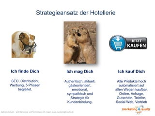 Strategieansatz der Hotellerie

Ich finde Dich

Ich mag Dich

Ich kauf Dich

SEO, Distribution,
Werbung, 5 Phasen
begleitet.

Authentisch, aktuell,
gästeorientiert,
emotional,
sympathisch und
Strategie für
Kundenbindung.

Alle Produkte hoch
automatisiert auf
allen Wegen kaufbar.
Online, Anfrage,
Gutschein, Telefon,
Social Web, Vertrieb

Gabriele Schulze – weil Marketing- und Technologie sich mögen: www.marketing4results.de

 