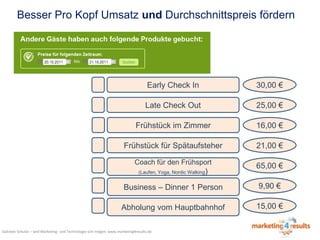 Besser Pro Kopf Umsatz und Durchschnittspreis fördern

Early Check In

30,00 €

Late Check Out

25,00 €

Frühstück im Zimmer

16,00 €

Frühstück für Spätaufsteher

21,00 €

Coach für den Frühsport

65,00 €

(Laufen, Yoga, Nordic Walking

)

Business – Dinner 1 Person

9,90 €

Abholung vom Hauptbahnhof

15,00 €

Gabriele Schulze – weil Marketing- und Technologie sich mögen: www.marketing4results.de

 