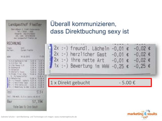 Überall kommunizieren,
dass Direktbuchung sexy ist

1 x Direkt gebucht

Gabriele Schulze – weil Marketing- und Technologie sich mögen: www.marketing4results.de

- 5.00 €

 