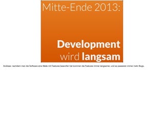 Mitte-Ende 2013:
 
Development
wird langsam
Andreas: nachdem man die Software eine Weile mit Features beworfen hat kommen die Features immer langsamer, und es passieren immer mehr Bugs.
 