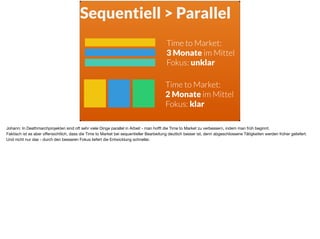 Sequentiell > Parallel
Time to Market: 
3 Monate im Mittel
Fokus: unklar
Time to Market: 
2 Monate im Mittel
Fokus: klar
Johann: In Deathmarchprojekten sind oft sehr viele Dinge parallel in Arbeit - man hoﬀt die Time to Market zu verbessern, indem man früh beginnt. 

Faktisch ist es aber oﬀensichtlich, dass die Time to Market bei sequentieller Bearbeitung deutlich besser ist, denn abgeschlossene Tätigkeiten werden früher geliefert.
Und nicht nur das - durch den besseren Fokus liefert die Entwicklung schneller.

 