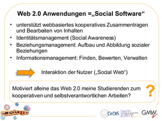 Web 2.0 Anwendungen =„Social Software“ unterstützt webbasiertes kooperatives Zusammentragen und Bearbeiten von Inhalten  Identitätsmanagement (Social Awareness) Beziehungsmanagement: Aufbau und Abbildung sozialer Beziehungen Informationsmanagement: Finden, Bewerten, Verwalten Interaktion der Nutzer („Social Web“) ? Motiviert alleine das Web 2.0 meine Studierenden zum kooperativen und selbstverantwortlichen Arbeiten? 