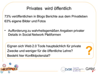 Privates  wird öffentlich 73% veröffentlichen in Blogs Berichte aus dem Privatleben 63% eigene Bilder und Fotos  Aufforderung zu wahrheitsgemäßen Angaben privater Details in Social Network Plattformen ? Eignen sich Web 2.0 Tools hauptsächlich für private  Zwecke und weniger für die öffentliche Lehre?  Besteht hier Konfliktpotenzial?  