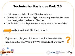 Technische Basis des Web 2.0 Nutzerdaten bilden Identitäten im Netz ab  Offene Schnittstelle ermöglicht Nutzung fremder Services bzw. Integration mehrerer Dienste Veränderte User Experience, dynamischere Oberflächen   webbasiert statt Desktop basiert ? Eignen sich die geschlossenen Hochschulnetzwerke  überhaupt für das Web 2.0? Wo bleibt die Sicherheit?  
