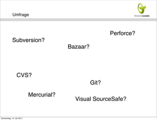 Umfrage



                                                          Perforce?
             Subversion?
                                         Bazaar?



                  CVS?
                                                   Git?

                            Mercurial?
                                           Visual SourceSafe?


Donnerstag, 14. Juli 2011
 