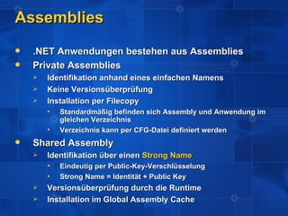 Assemblies
   .NET Anwendungen bestehen aus Assemblies
   Private Assemblies
       Identifikation anhand eines einfachen Namens
       Keine Versionsüberprüfung
       Installation per Filecopy
           Standardmäßig befinden sich Assembly und Anwendung im
            gleichen Verzeichnis
           Verzeichnis kann per CFG-Datei definiert werden
   Shared Assembly
       Identifikation über einen Strong Name
           Eindeutig per Public-Key-Verschlüsselung
           Strong Name = Identität + Public Key
       Versionsüberprüfung durch die Runtime
       Installation im Global Assembly Cache
 
