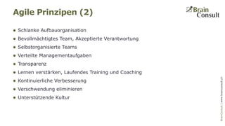 BrainConsultAG|www.brainconsult.chBrainConsult|www.brainconsult.ch
 Schlanke Aufbauorganisation
 Bevollmächtigtes Team, Akzeptierte Verantwortung
 Selbstorganisierte Teams
 Verteilte Managementaufgaben
 Transparenz
 Lernen verstärken, Laufendes Training und Coaching
 Kontinuierliche Verbesserung
 Verschwendung eliminieren
 Unterstützende Kultur
Agile Prinzipen (2)
 