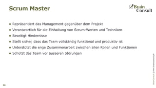 BrainConsultAG|www.brainconsult.chBrainConsult|www.brainconsult.ch
 Repräsentiert das Management gegenüber dem Projekt
 Verantwortlich für die Einhaltung von Scrum-Werten und Techniken
 Beseitigt Hindernisse
 Stellt sicher, dass das Team vollständig funktional und produktiv ist
 Unterstützt die enge Zusammenarbeit zwischen allen Rollen und Funktionen
 Schützt das Team vor äusseren Störungen
Scrum Master
30
 