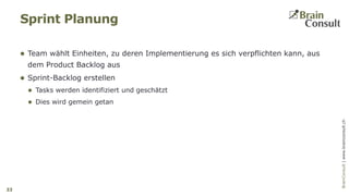 BrainConsultAG|www.brainconsult.chBrainConsult|www.brainconsult.ch
 Team wählt Einheiten, zu deren Implementierung es sich verpflichten kann, aus
dem Product Backlog aus
 Sprint-Backlog erstellen
 Tasks werden identifiziert und geschätzt
 Dies wird gemein getan
Sprint Planung
33
 