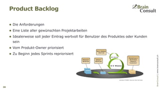 BrainConsultAG|www.brainconsult.chBrainConsult|www.brainconsult.ch
 Die Anforderungen
 Eine Liste aller gewünschten Projektarbeiten
 Idealerweise soll jeder Eintrag wertvoll für Benutzer des Produktes oder Kunden
sein
 Vom Produkt-Owner priorisiert
 Zu Beginn jedes Sprints repriorisiert
Product Backlog
38
 