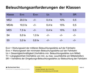 Seite 43
Fachbereich Automatisierung und Informatik
Beleuchtungsanforderungen der Klassen
07.10.2015
Christian Reinboth, Dipl.-Wi.Inf.(FH)
Klasse Emit Emin Uo TI SR
ME2 20,0 lx -//- 0,4 lx 10% 0,5
ME4b 10,0 lx -//- 0,4 lx 15% 0,5
ME5 7,5 lx -//- 0,4 lx 15% 0,5
S4 5,0 lx 1,0 lx -//- -//- -//-
S5 3,0 lx 0,6 lx -//- -//- -//-
Emit = Wartungswert der mittleren Beleuchtungsstärke auf der Fahrbahn
Emin = Wartungswert der minimalen Beleuchungsstärke auf der Fahrbahn
Uo = Gesamtgleichmäßigkeit (Verhältnis min. Beleuchtungsstärke zum Mittel)
TI = Längsgleichheit (Verhältnis von min. zu max. Leuchtdichte am Mittelstreifen)
SR = Verhältnis der Umgebungs-Beleuchtungsstärke zur Beleuchtung der Fahrbahn
 