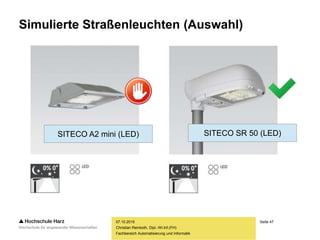 Seite 47
Fachbereich Automatisierung und Informatik
Simulierte Straßenleuchten (Auswahl)
07.10.2015
Christian Reinboth, Dipl.-Wi.Inf.(FH)
SITECO SR 50 (LED)SITECO A2 mini (LED)
 