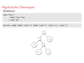 Algebraische Datentypen
Binärbaum:
data Tree =
Node Tree Tree
| Leaf Int
myTree = Node (Node (Leaf 4) (Node (Leaf 7) (Leaf 1))) (Leaf 3)
 