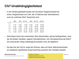 Seite 112
Fachbereich Wirtschaftswissenschaften
Chi²-Unabhängigkeitstest
 In der Verteilungstabelle landet man bei dieser Vorgehensweise bei
einem Vergleichswert von 3,84, der im Rahmen des Testverfahrens
auch als „kritischer Wert“ bezeichnet wird
 Wird dieser durch den errechneten Wert überschritten, gilt die Nullhypothese, nach
der die beiden Variablen „eigener Schulabschluss“ und „Schulabschluss der Eltern“
als voneinander völlig unabhängig einzustufen sind, als abgelehnt
 Da dies hier der Fall ist, lautet der Schluss, dass mit hoher Wahrscheinlichkeit
ein statistisch signifikanter Zusammenhang zwischen den Variablen besteht
18.09.2015 - 20.09.2015
Christian Reinboth, Dipl.-Wi.Inf.(FH)
 