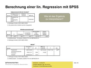Seite 140
Fachbereich Wirtschaftswissenschaften
Berechnung einer lin. Regression mit SPSS
18.09.2015 - 20.09.2015
Christian Reinboth, Dipl.-Wi.Inf.(FH)
Wie ist das Ergebnis
zu interpretieren?
 
