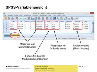 Seite 15
Fachbereich Wirtschaftswissenschaften
SPSS-Variablenansicht
18.09.2015 - 20.09.2015
Christian Reinboth, Dipl.-Wi.Inf.(FH)
Merkmale und
Merkmalsnamen
Labels für diskrete
Merkmalsausprägungen
Platzhalter für
fehlende Werte
Skalenniveaus
(Messniveaus)
 