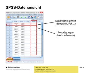 Seite 16
Fachbereich Wirtschaftswissenschaften
SPSS-Datenansicht
18.09.2015 - 20.09.2015
Christian Reinboth, Dipl.-Wi.Inf.(FH)
Statistische Einheit
(Befragte/r, Fall…)
Ausprägungen
(Merkmalswerte)
 